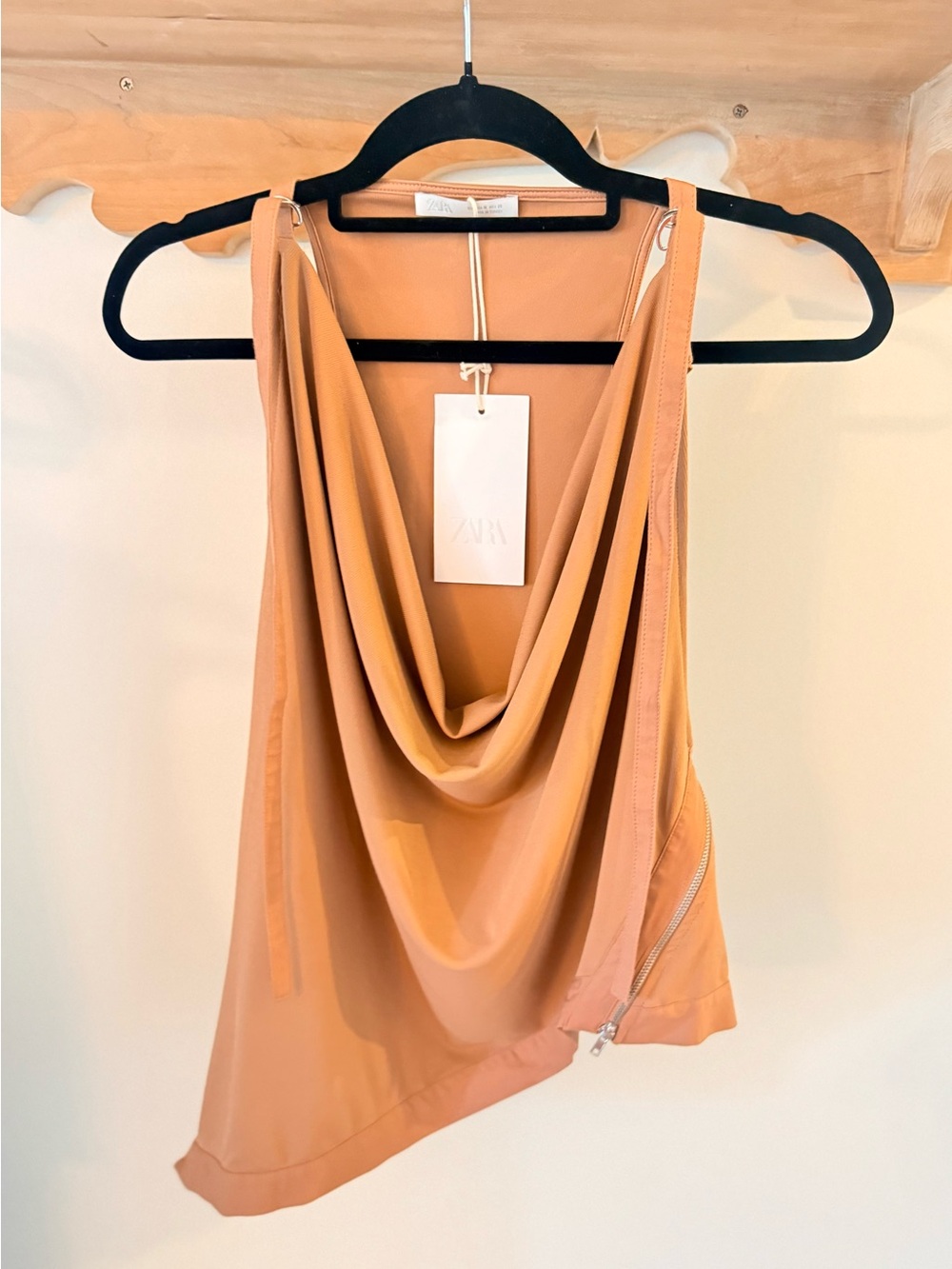 ZARA Draped Cowl Neck Sleeveless Top — Camel